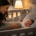 Home 7 Mãe colocando bebê para dormir no berço em ambiente calmo e aconchegante