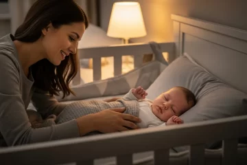 Bebê Só Dorme no Colo: Como Fazer a Transição Para o Berço em 14 Dias 3 Mãe colocando bebê para dormir no berço em ambiente calmo e aconchegante