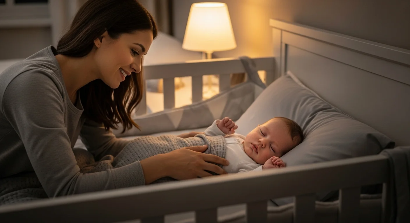 Mãe colocando bebê para dormir no berço em ambiente calmo e aconchegante
