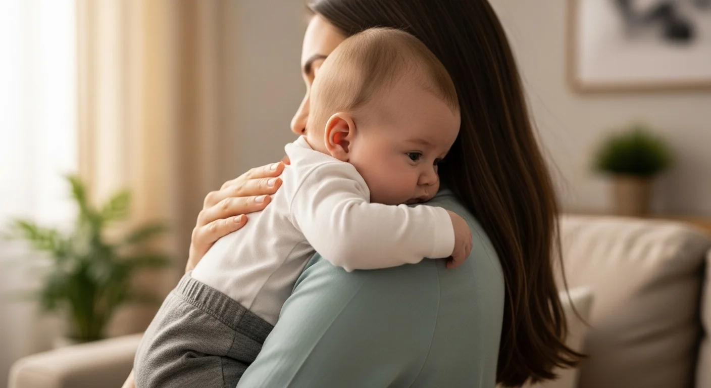 Mãe ajudando o bebê a aliviar gases com posição de arroto no ombro