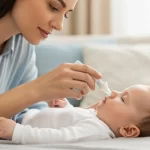 Home 6 Mãe cuidando do bebê com nariz entupido usando aspirador nasal em ambiente aconchegante e seguro