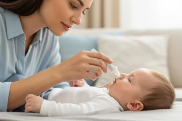 Nariz Entupido no Bebê: 6 Técnicas Caseiras Aprovadas Por Pediatras 2 Mãe cuidando do bebê com nariz entupido usando aspirador nasal em ambiente aconchegante e seguro