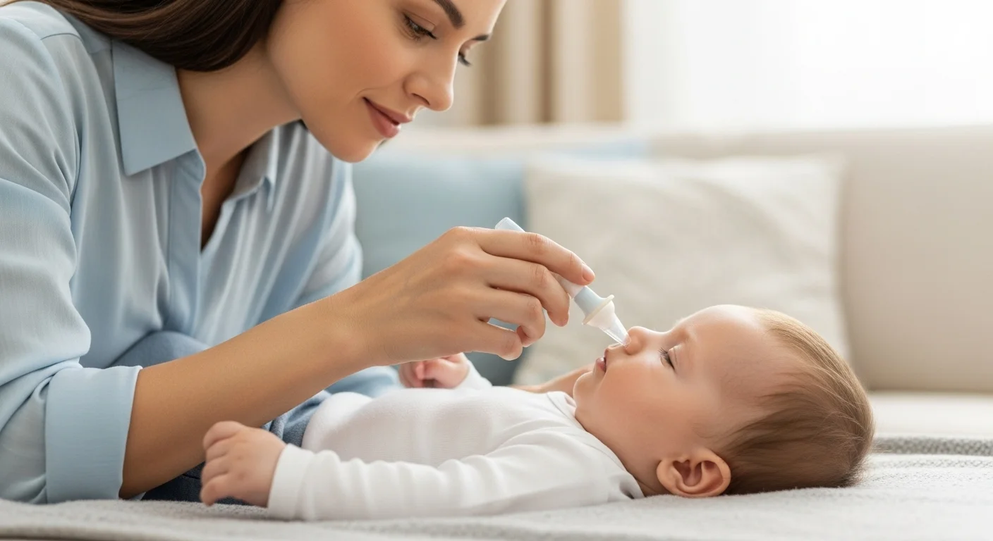 Mãe cuidando do bebê com nariz entupido usando aspirador nasal em ambiente aconchegante e seguro