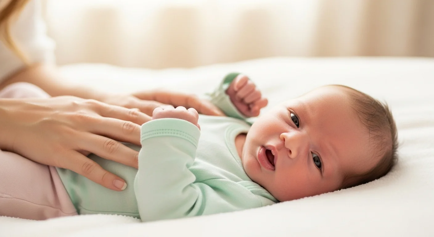 Recém-nascido com soluço sendo confortado pela mãe em ambiente calmo